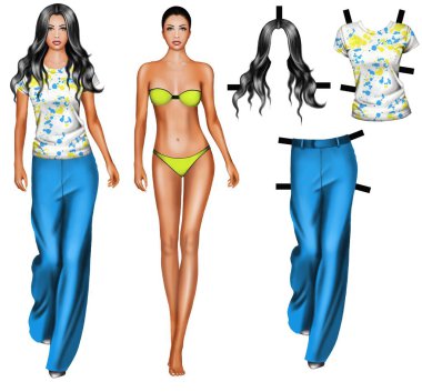 Kıyafet çizmek ve yaratmak için 3D bebek. Giysi çizmek ve tasarlamak için tişört ve pantolon giymiş bir bebek..