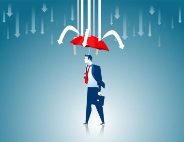 Koruma. İşadamı kırmızı şemsiye engelle okları