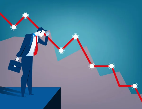 Homme d'affaires regardant le diagramme de chute. Économie et finances — Image vectorielle