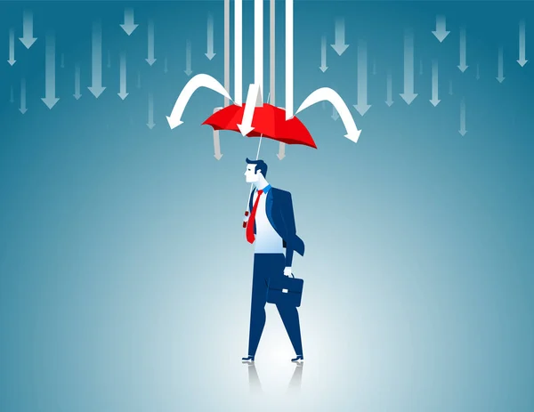 保護。ビジネスマンの赤い傘禁止する矢印 — ストックベクタ
