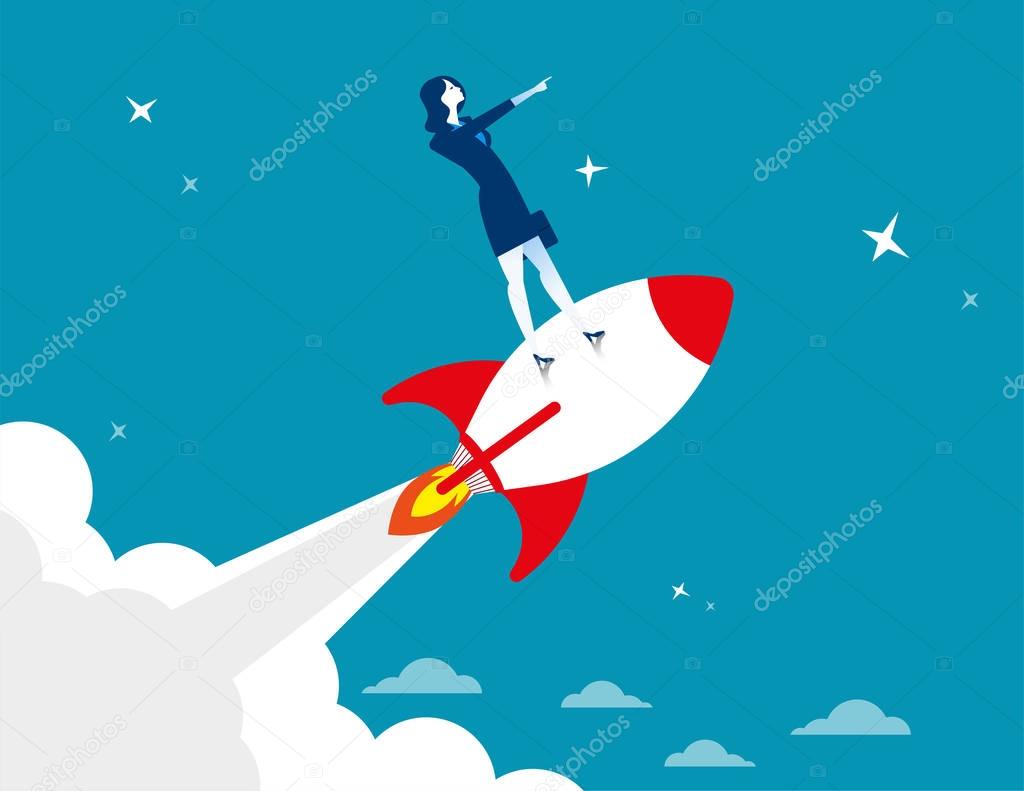 Start up. Businesswoman standing on rocket ship flying through s