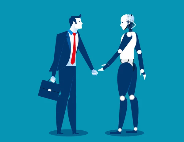 Ludzkie vs robot, biznesmen stojąc z robota. Koncepcja firmy — Wektor stockowy