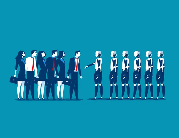 Ανθρώπινη vs ρομπότ, επιχειρηματίες στέκεται με ρομπότ. Έννοια busin — Διανυσματικό Αρχείο