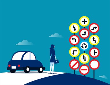 İş kadını ve trafik işaretleri. Trafik işareti kavramı illüstrasyon vektör.