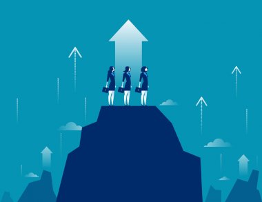 İş büyüme. İş kadınları takım ayakta başarı için dağ tepe üzerinde. Kavram iş vektör çizim.