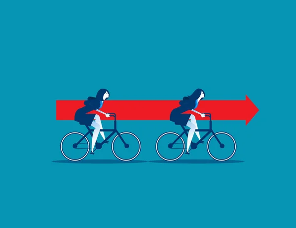 Businesswomen montar en bicicleta y llevar flecha roja. concepto busin — Vector de stock