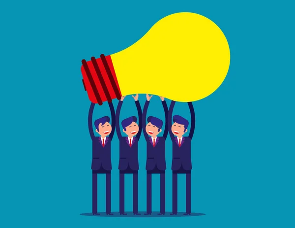 Il team degli uomini d'affari tiene le lampadine delle idee sopra la testa. Concezione — Vettoriale Stock