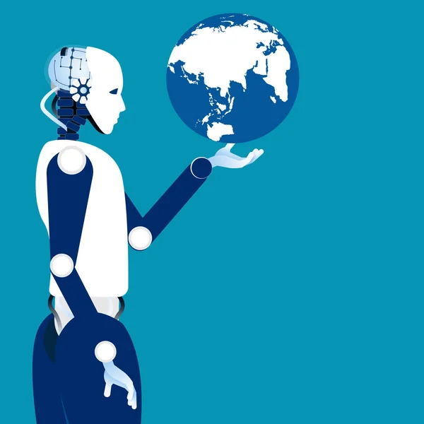 Tijdperk van de globalisering. Globe in de robotic hand. Concept robot en — Stockvector