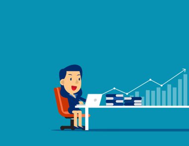 Bilgisayarda ok ve grafikle çalışan bir iş kadını. Kavram 