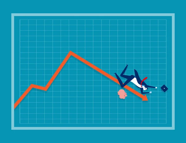 Geschäftsmann fällt einen roten Pfeil auf einem Diagramm hinunter. Konzept — Stockvektor