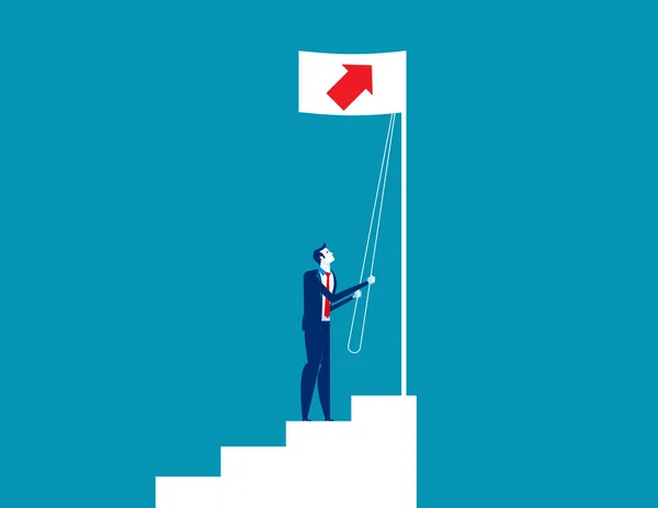 El hombre de negocios levanta una bandera de crecimiento. Concepto negocio vector illustr — Archivo Imágenes Vectoriales