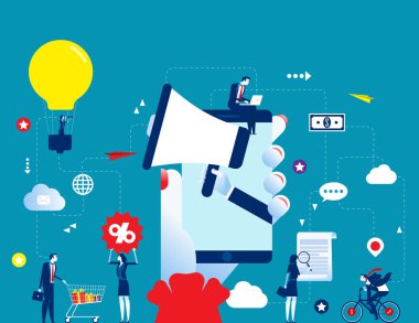 Mobil reklam pazarlaması. İş vektörü illüstrati kavramını kabul et