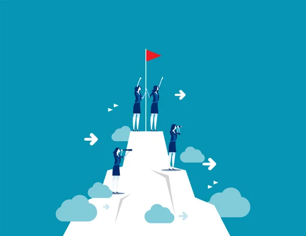 Ludzie stojący na szczycie góry z flagą zwycięzcy. Pojęcie buzyna — Wektor stockowy