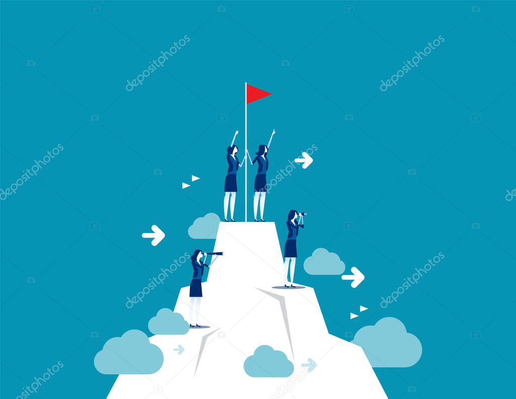 People standing on mountain peak with winner flag. Concept busin