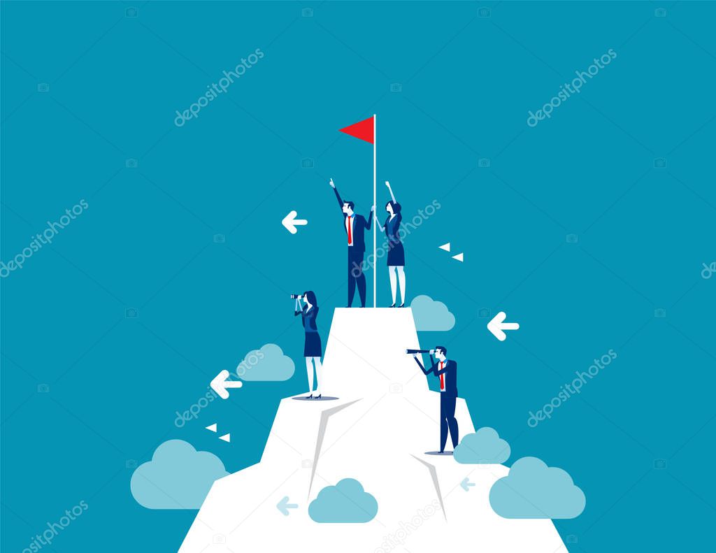 People standing on mountain peak with winner flag. Concept busin