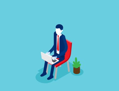 Business man sitting and working. Concept isometric business off