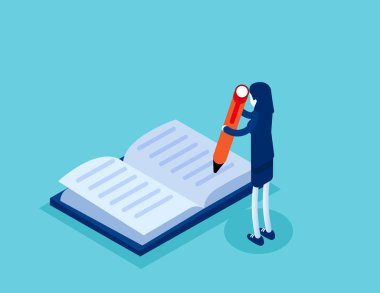 Businesswoman write in the book. Concept isometric business tech