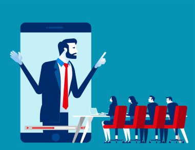 Ofisteki insanlar çevrimiçi. Konsept iş vektör illüstrasyonu, online seminer, internet öğrenimi. Düz iş çizgi film tasarımı.