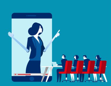 Ofisteki insanlar çevrimiçi. Konsept iş vektör illüstrasyonu, online seminer, internet öğrenimi. Düz iş çizgi film tasarımı.