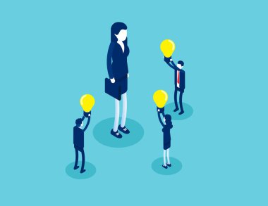 Fikir sunumu yapan bir iş adamı. İzometrik iş yaratıcılığı illüstrasyonu, Buluşma, Ofis ekibi, Isometric düz çizgi film karakter stili deicing kavramları.