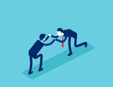 Isome ofis çalışanları savaşacak. İş vektörü illüstrasyonundaki kavramsal anlaşmazlık, iş anlaşmazlığı, Isometric düz çizgi film karakter tasarımı.