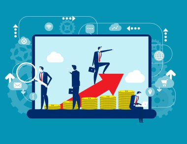 İş adamları para aktivitelerini geliştirmek için teknolojiyi uygularlar. Konsept iş vektörü illüstrasyonu, Modern finans hizmetleri yöntemi