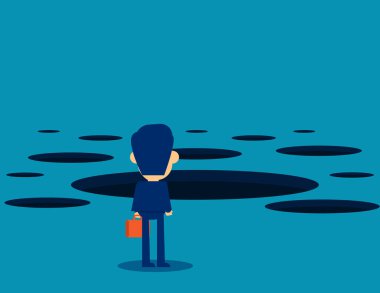 Yolda ayakta duran bir çukur. Konsept iş problemleri vektör çizimi, Soyut, Risk, Meydan okuma, Çocuk düz iş çizgi film tarzı tasarımı.