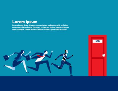 İş adamları ve robot yarışması işe koyuluyor. İş teknolojisi illüstrasyon, Rekabet, Yapay Zeka, Düz çizgi film stili.