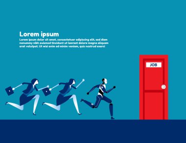 İş adamları ve robot yarışması işe koyuluyor. İş teknolojisi illüstrasyon, Rekabet, Yapay Zeka, Düz çizgi film stili.