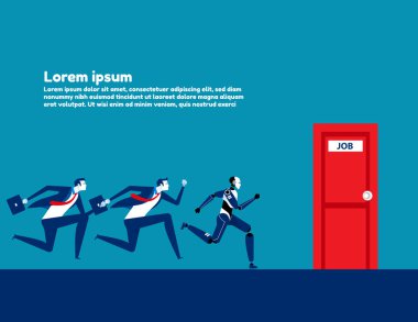 İş adamları ve robot yarışması işe koyuluyor. İş teknolojisi illüstrasyon, Rekabet, Yapay Zeka, Düz çizgi film stili.
