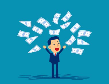 Adam zevkle banknot atıyor. Konsept iş finansal vektör illüstrasyonu, Kid düz çizgi film karakter tasarımı.