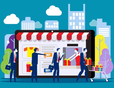 İnsanlar internetten alışveriş yapıyor. Akıllı telefon, e-ticaret reklam vektörü illüstrasyonuyla satın alan ve ödeme yapan mutlu müşteriler kavramı.