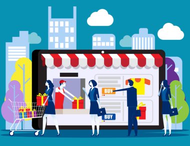 İnsanlar internetten alışveriş yapıyor. Akıllı telefon, e-ticaret reklam vektörü illüstrasyonuyla satın alan ve ödeme yapan mutlu müşteriler kavramı.