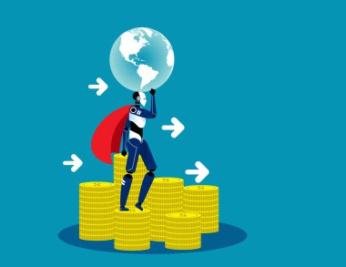 Süper robot paranın üstünde duruyor. Teknoloji vektör illüstrasyonu, Finansal, Finans ve Ekonomi kavramını kabul et.