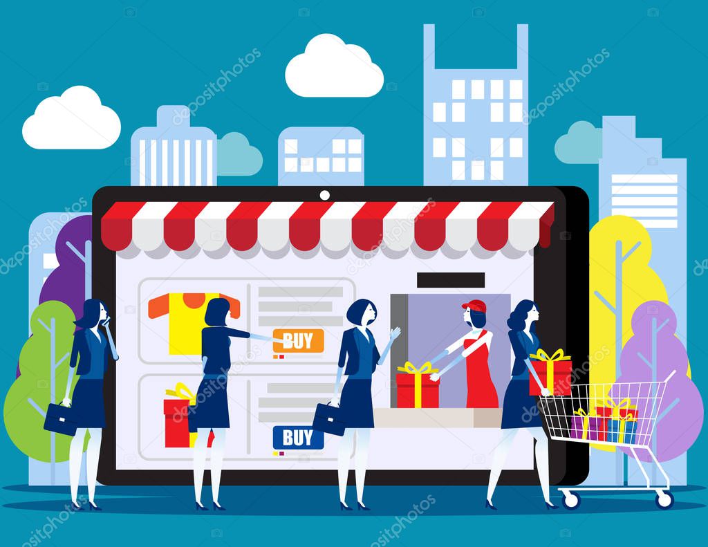 People shopping online. Concept with happy customers buying and making pay meets with smartphone, E-commerce advertising vector illustration.