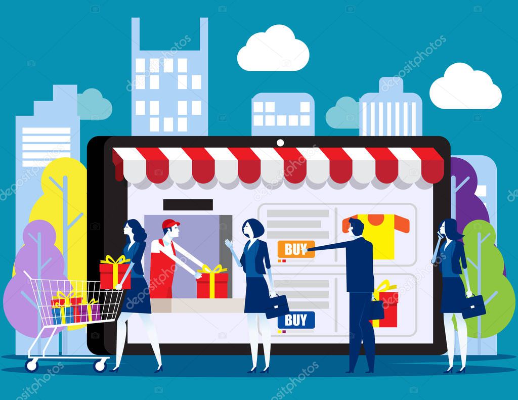 People shopping online. Concept with happy customers buying and making pay meets with smartphone, E-commerce advertising vector illustration.