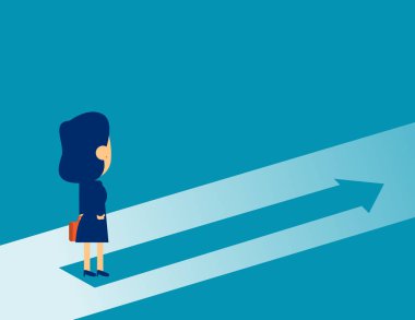 Okun üzerinde duran iş kadını. Concept Business Direction pazarlama vektör çizimi, Business Growth, Pazarlama Analizi, Düz Çocuk Çizgi Film Tasarımı.