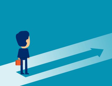 Okun üzerinde duran bir iş adamı. Concept Business Direction pazarlama vektör çizimi, Business Growth, Pazarlama Analizi, Düz Çocuk Çizgi Film Tasarımı.