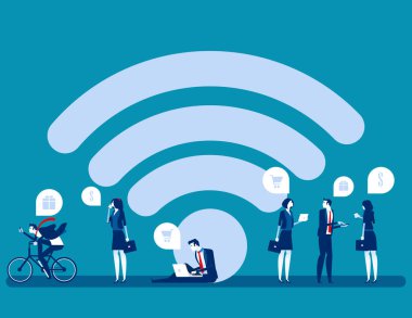 İnsanlar internetten alışveriş yapıyorlar. İnternet alışveriş vektörü illüstrasyonunu kavramsallaştır, kablosuz