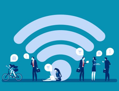 İnsanlar internetten alışveriş yapıyorlar. İnternet alışveriş vektörü illüstrasyonunu kavramsallaştır, kablosuz