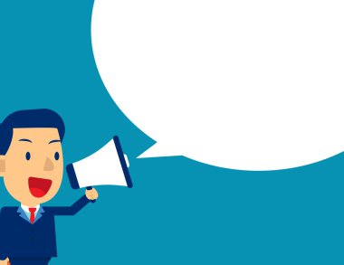 Megafonla bağıran sevimli bir adam. Konsept iş mesajı vektör illüstrasyonu, çocuk işi, düz çocuk işi çizgi film tasarımı