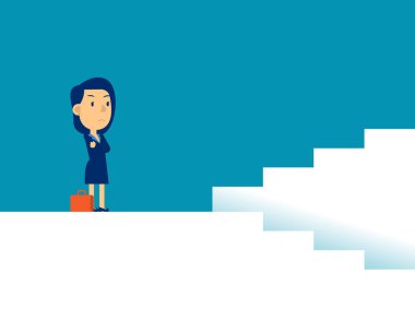 Kararları olan bir kadın. İş yönündeki vektör illüstrasyonunu, stratejisini, yassı çocuk iş karikatürünü kavramsallaştır.