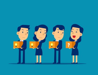 Ampulü ve soru işareti olan insanlar. Konsept iş farklı vektör, çocuk işi, ofis çalışanı, taşıma.