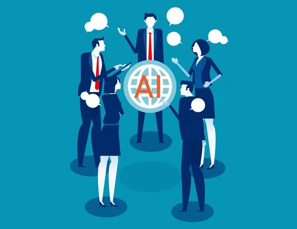 Küresel insanlar ai teknolojisi hakkında konuşuyor. Konsept Yapay Zeka vektör çizimi.