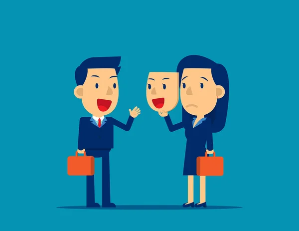 Person Holding Happy Mask Concept Business Colleagues Vector Illustration Flat — 스톡 벡터