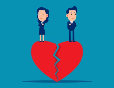 Couple standing on broken heart. Cute business cartoon vector de