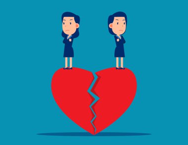 Couple standing on broken heart. Cute business cartoon vector de