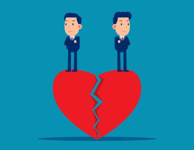 Couple standing on broken heart. Cute business cartoon vector de