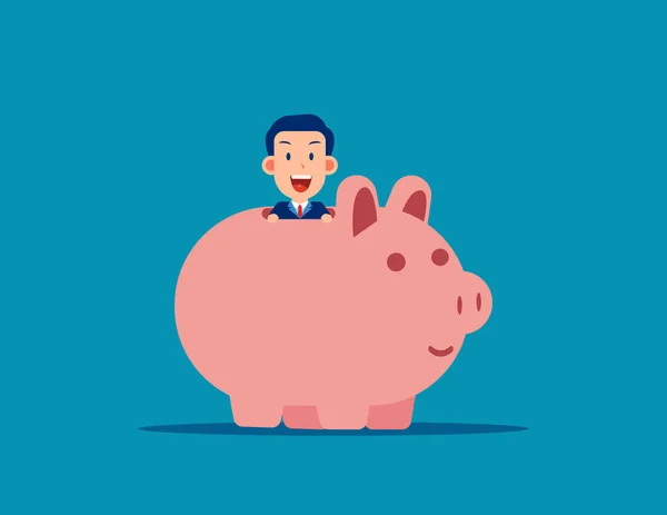 Lindo hombre de negocios con Piggy Bank. Concepto financiero empresarial. V. — Vector de stock