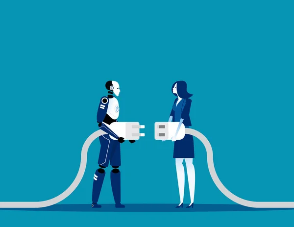 商业和机器人连接 概念人工智能矢量图解 未来协作 人与机器人连接插头至插座 — 图库矢量图片